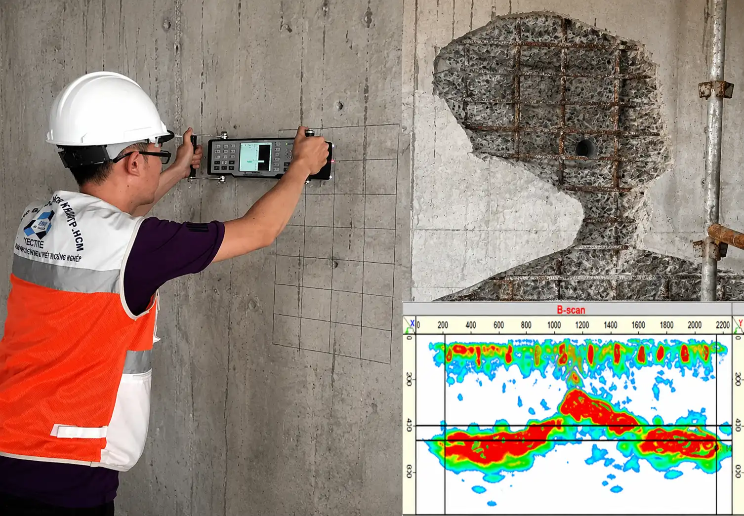 QC lab technician testing a concrete cube for compressive strength